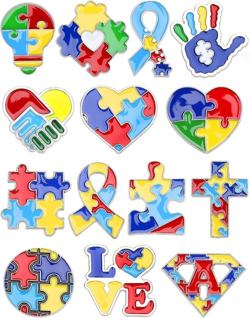 JUNEBRUSHS 28pcs Autism Awareness Brooch Pins - Colorful Puzzle Pieces for Inspirational Gifts
