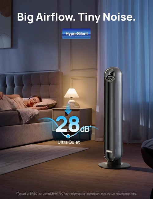 DREO Bladeless Tower Fan - Ultra Quiet with 4 Speeds & 90° Oscillation | 25ft/s, 8H Timer, Silver