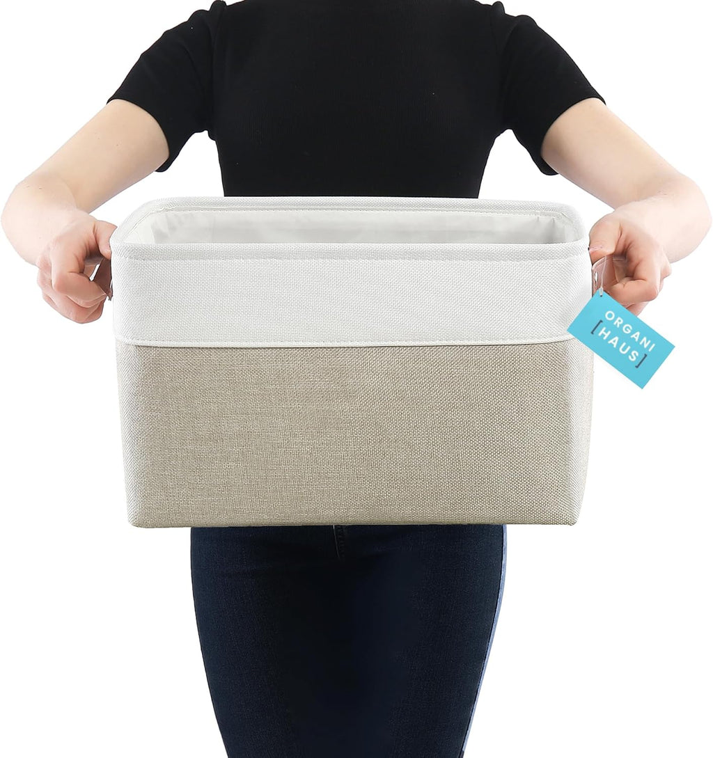 OrganiHaus Large Fabric Storage Baskets - 3 Pack Canvas Organizers for Closets | 15x11in Beige/Off-White
