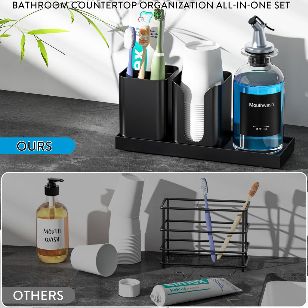 Moforoco Glass Mouthwash Dispenser with Toothbrush Holders, 11.8Oz Mouth Wash Bottle Container with Cup Holder, Funnel, Labels, and Drying Stone Tray, Bathroom Decor Accessories Set, Black