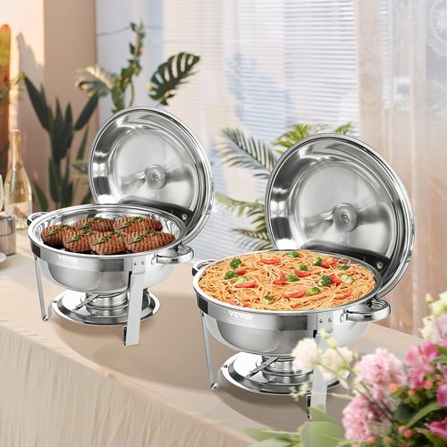 VEVOR Chafing Dish Buffet Set, 5 Qt 4 Pack, Stainless Steel Chafer with Full Size Pan, Round Catering Warmer Server with Lid Water Pan Stand Fuel Holder Cover Holder Spoon, for at Least 6 People Each