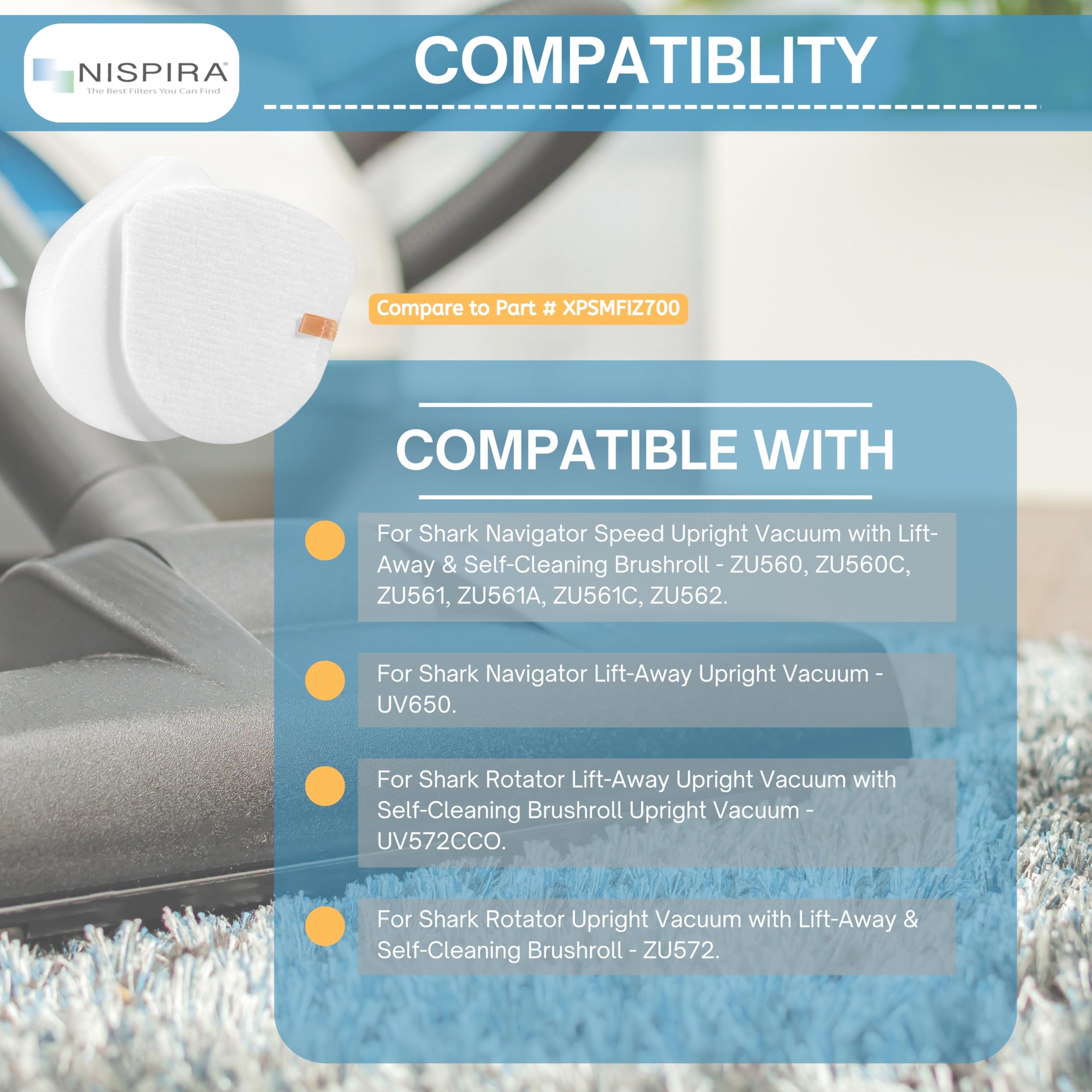 Nispira XFFK560 Replacement Foam Filters for Shark Upright Vacuum UV650, UV725, ZU560, ZU560C, ZU561, ZU562, ZU572, ZD400, ZD402, ZD201. Part XHEPA560, XFFKZD400, XHFZD400, 2 Packs