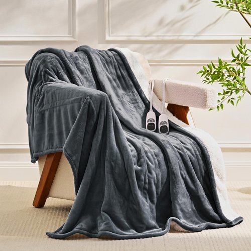 Heated Electric Blanket Queen Size 84"x90" Heating Blanket with Dual Control 9 Heating Levels 10 Timer Modes Auto Off, Fast Heating Over-Heat Protection Ultra Soft Flannel ETL Certified, Dark Gery