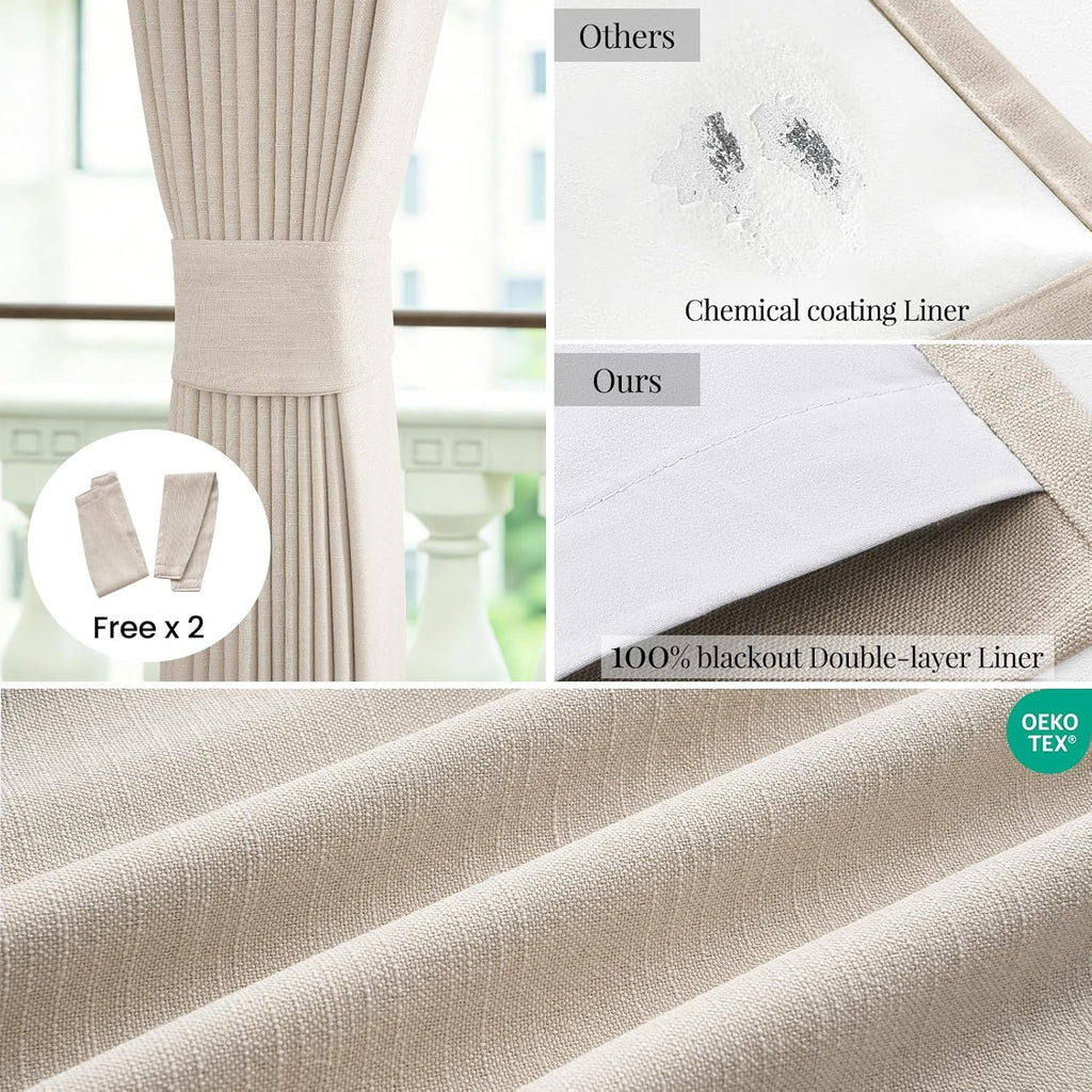 Topfinel Oatmeal Blackout Curtains - 84 Inch Long Pinch Pleated Drapes | Energy-Efficient Flax Linen, 2 Panels Set