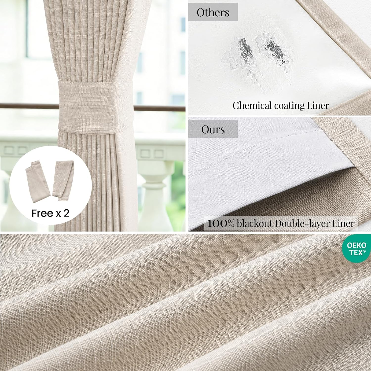 Topfinel Oatmeal Blackout Curtains - 84 Inch Long Pinch Pleated Drapes | Energy-Efficient Flax Linen, 2 Panels Set