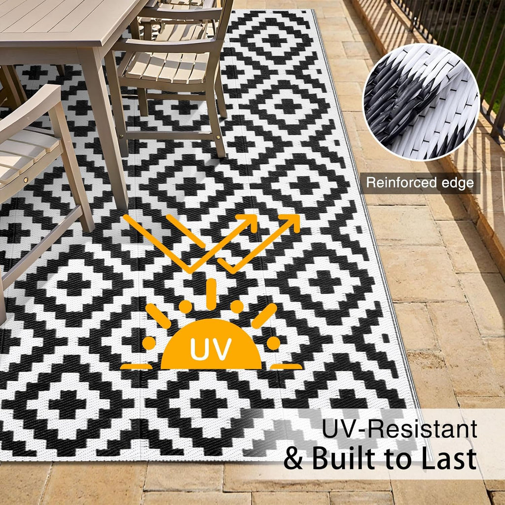 OLANLY Waterproof Outdoor Rug - Versatile 5x8 ft Plastic Straw Mat for Camping & Patio | Black & White