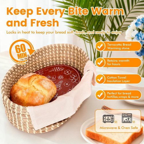 Bread Basket with Warming Stone and Lid -Terra Cotta Bread Warmer, 12.6 * 8.3 Oval Bread Basket with Warmer - Gifts for Hostess House Warming Bakers Christmas -Bread Warmer Cesta De Pao De Piedra