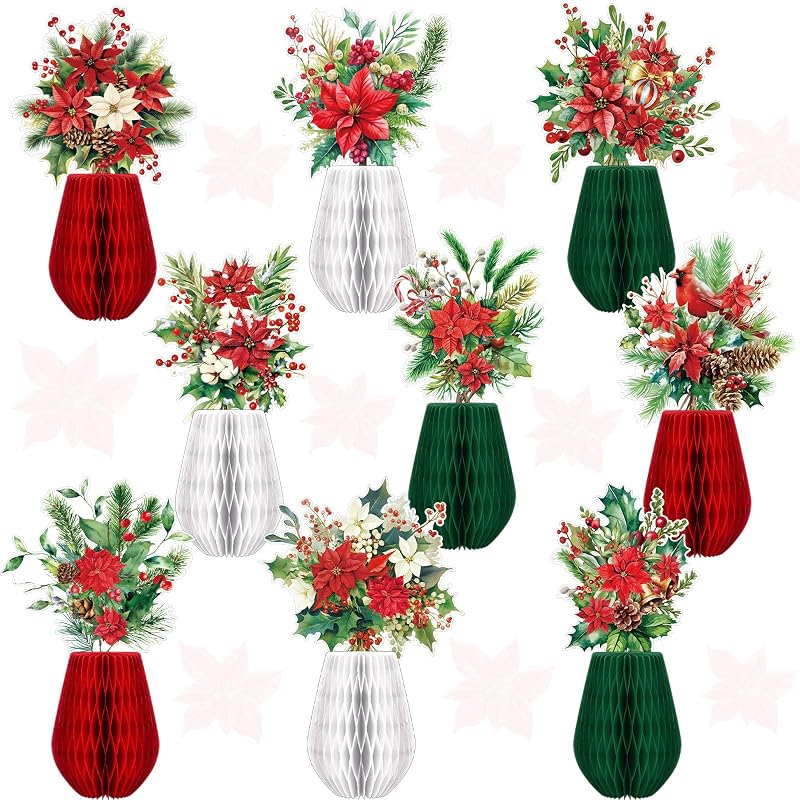 9 Pcs Christmas Poinsettia Honeycomb Centerpieces - Red Holiday Flowers, Variation of THIS listing