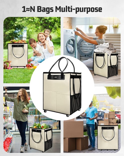 LOEUO Large Reusable Grocery Bag on Wheels, Foldable Rolling Tote Bag with Detachable Roller