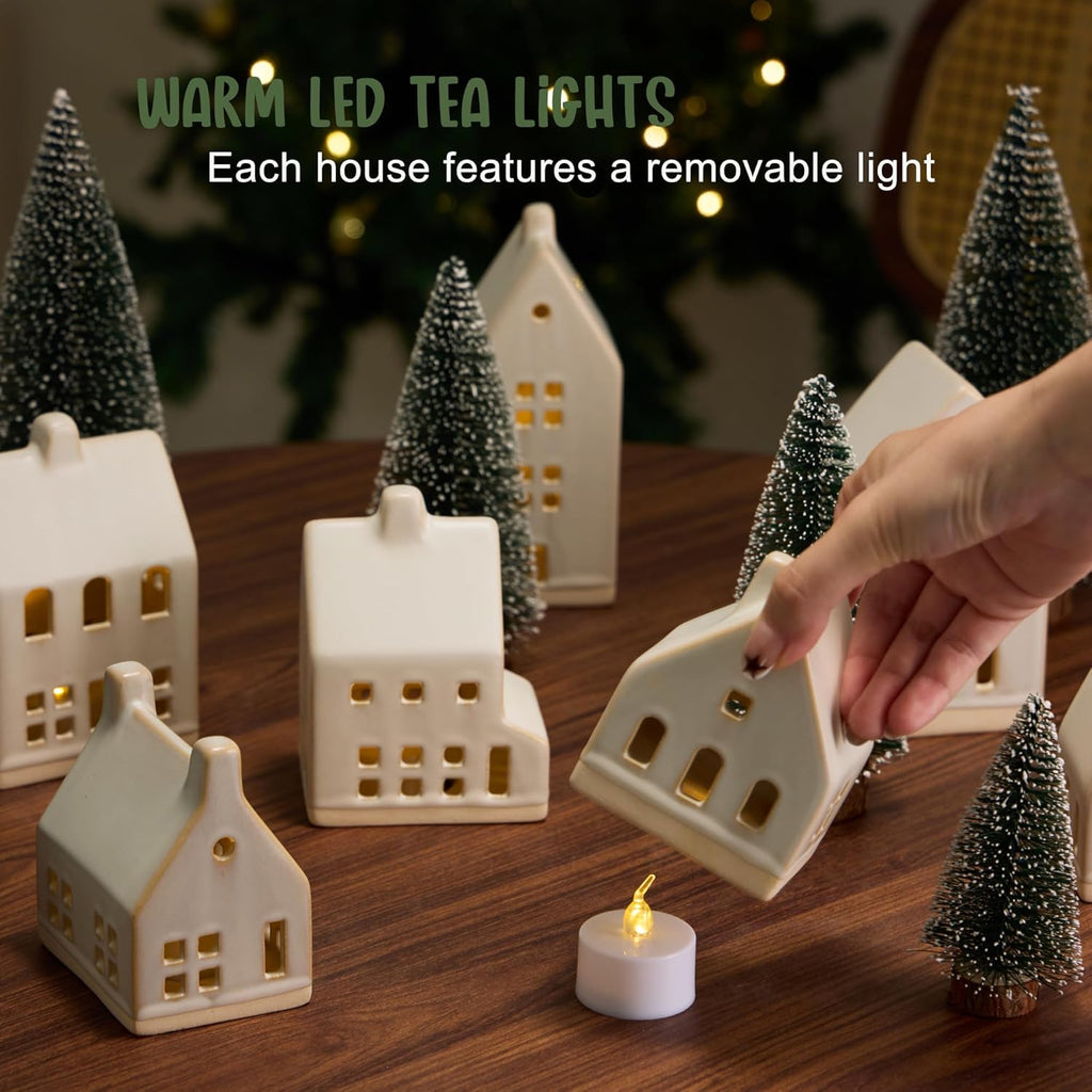 Skiennix 23 Pcs Christmas Village Set - 7 White Ceramic Houses with LED Tea Lights & Snow Trees | Festive Indoor Decor for Tabletop & Mantel