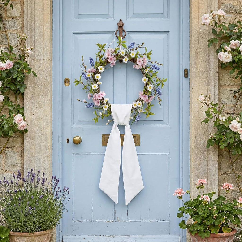White Wreath Sash 4-Pack - 55 x 5 Inch Blank Linen-Look Ribbon for Embroidery & Monogram | Farmhouse Decor