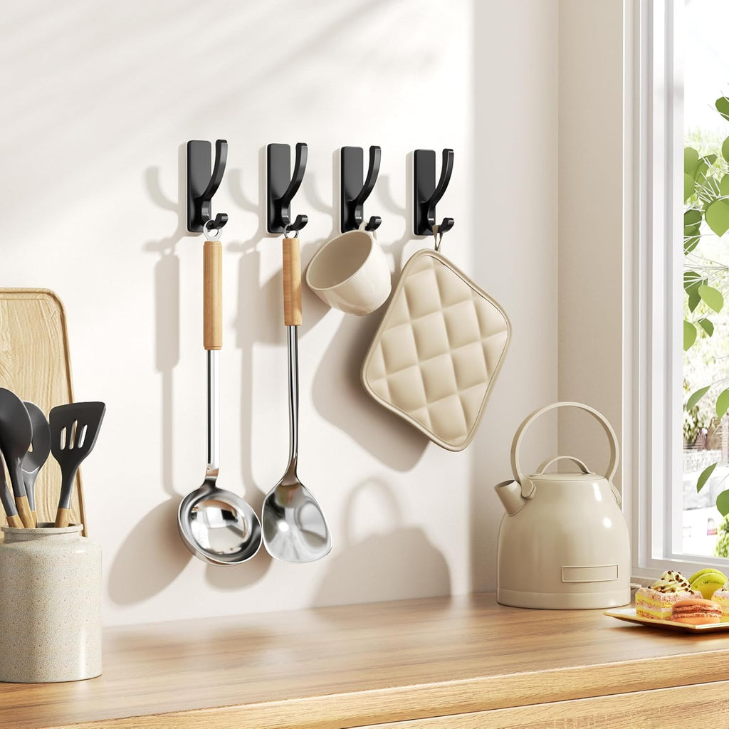 Pickpiff Adhesive Wall Hooks - Heavy Duty Sticky Hooks for Towels & Coats | No Damage, Black 4 Pack
