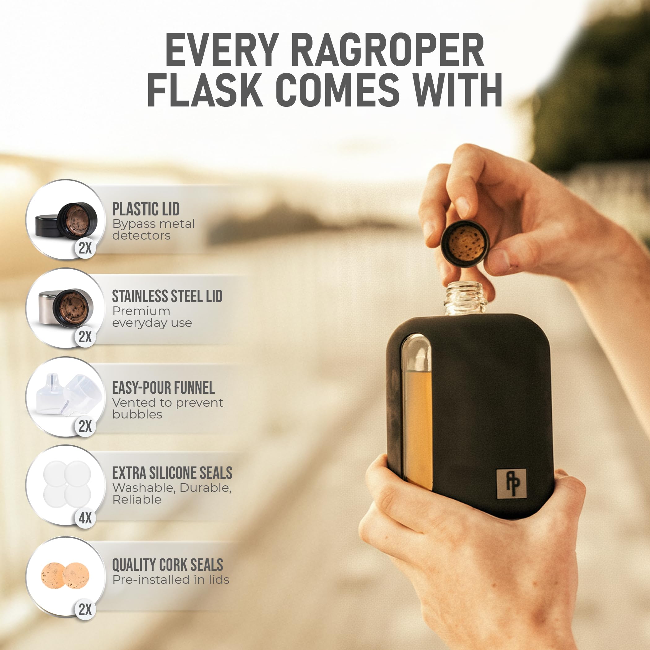 Ragproper Glass Hip Flask Set for Men – Modern Whiskey & Liquor Flasks with Cork & Silicone Lid Liner, Durable Silicone Cover, Firm Grip & Curved Edges – 100ml Single Shot and 240ml Double Shot, Black