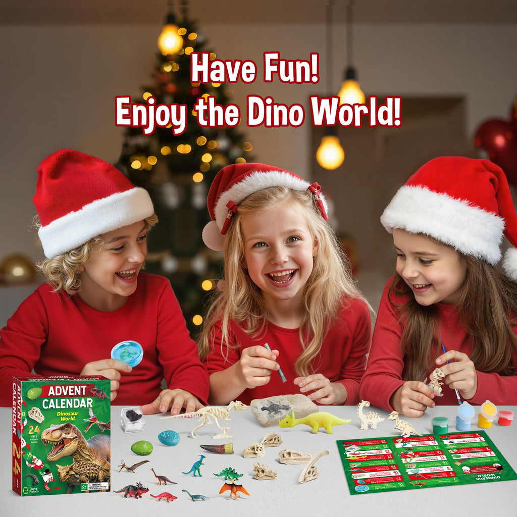 Dinosaur World Advent Calendar for Kids - 24 Days Prehistoric Surprise Christmas Countdown with Dino Figurines, Fossil Dig, Painting, Ideal Xmas Gift for Boys Girls