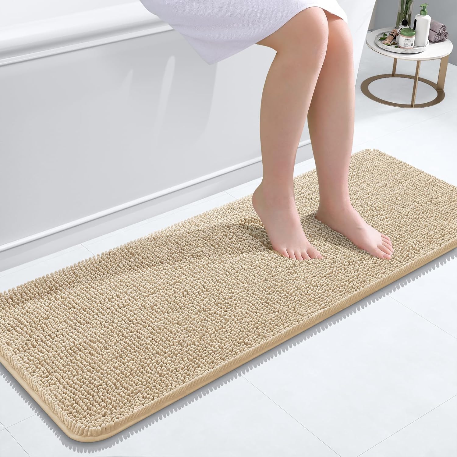 OLANLY Bathroom Runner Rugs - Extra Soft Chenille Bath Mats | 47x17, Quick Dry, Machine Washable, Beige