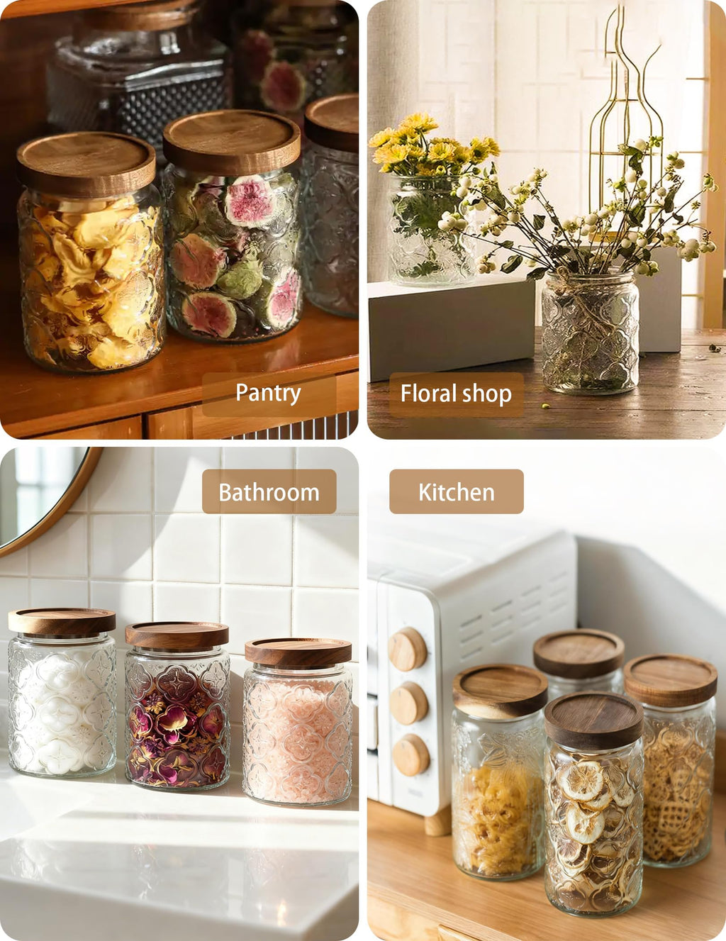 PENGSHU Vintage Glass Jar with Wood Lid - Christmas Airtight Canisters for Kitchen Countertop Bathroom, Storage Candy, Cookie, Coffee, Apothecary, Sugar, Flour,Pet Treat (Begonia, 24oz/700ml)
