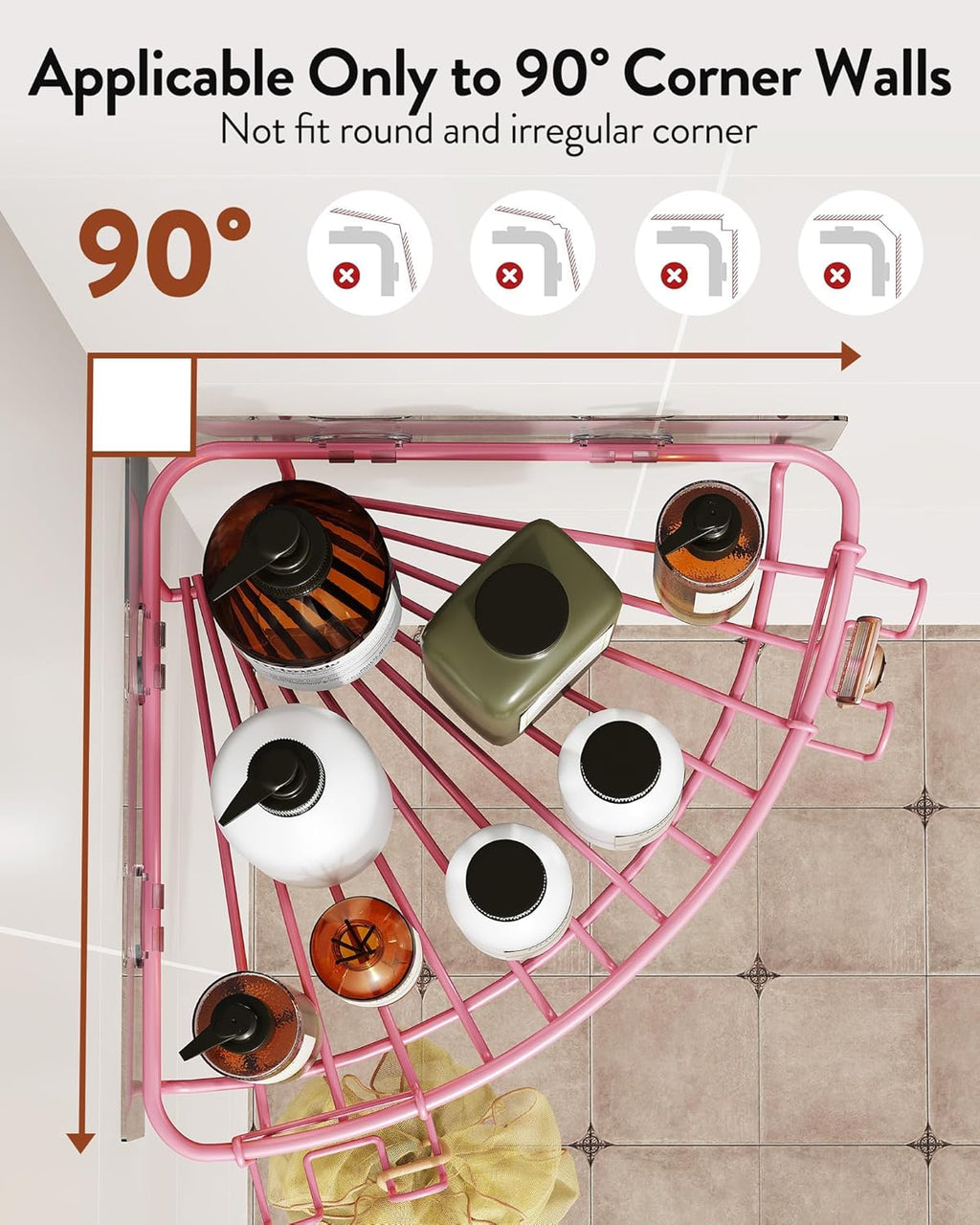 Orimade Corner Shower Caddy - Wall Mounted Metal Bathroom Shelf Organizer | No Drilling, 2 Hooks, Pink, 90-Degree Corner