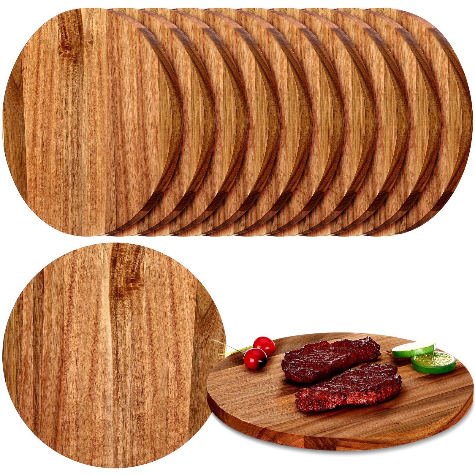 Patelai 10 Pack 12" Acacia Wooden Round Cutting Boards Bulk 0.6 Inch Thick Round Charcuterie Board Smooth Surface Multipurpose Chopping Serving Tray for Pizza Fruit Vegetables Bread