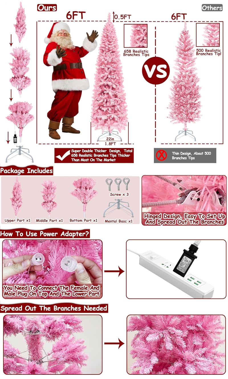 6ft Prelit Pink Artificial Slim Christmas Tree with 240 Warm LED Lights - Variation: Pink