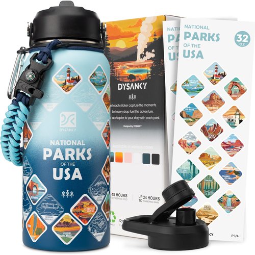 DYSANKY National Parks Water Bottle – 32 oz Insulated Stainless Steel Water Jug with 64 Park Stickers, Outdoor Accessories & Gift Box – BPA-Free – Ideal for Hiking, Camping & Travel