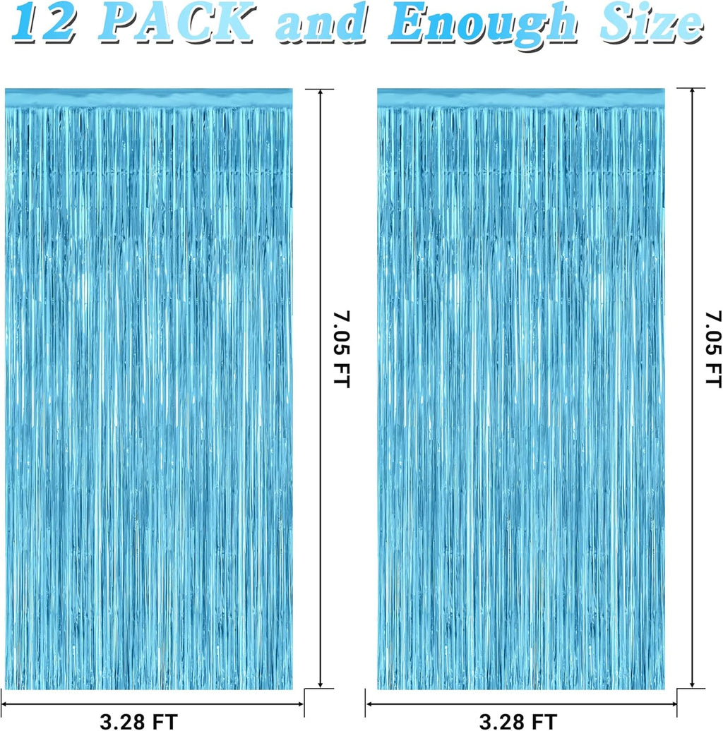 Skiennix Sky Blue Curtains - 12 Pack Metallic Party Streamers | 3.28 FT x 7.05 FT Winter Wonderland Backdrop