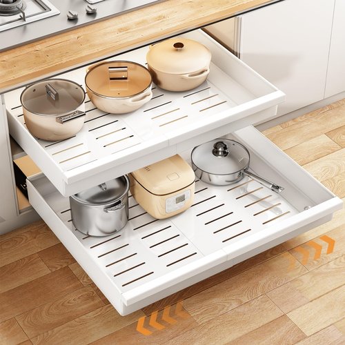 Pull out Cabinet Organizer, 2-Pack Expandable(13.6"-24") Silde out Drawers with Raising Pad for Framed Cabinets, Adjustable Full-Extension Adhesive Roll out Shelves for Kitchen Pantry Home Pot and Pan