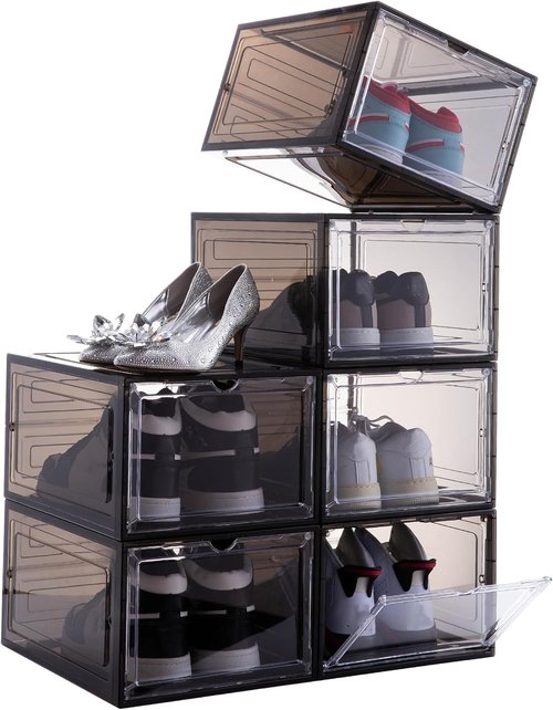 Attelite Shoe Box | Set of 6 Stackable Clear Organizers with Magnetic Door - Fits US Size 12, Black