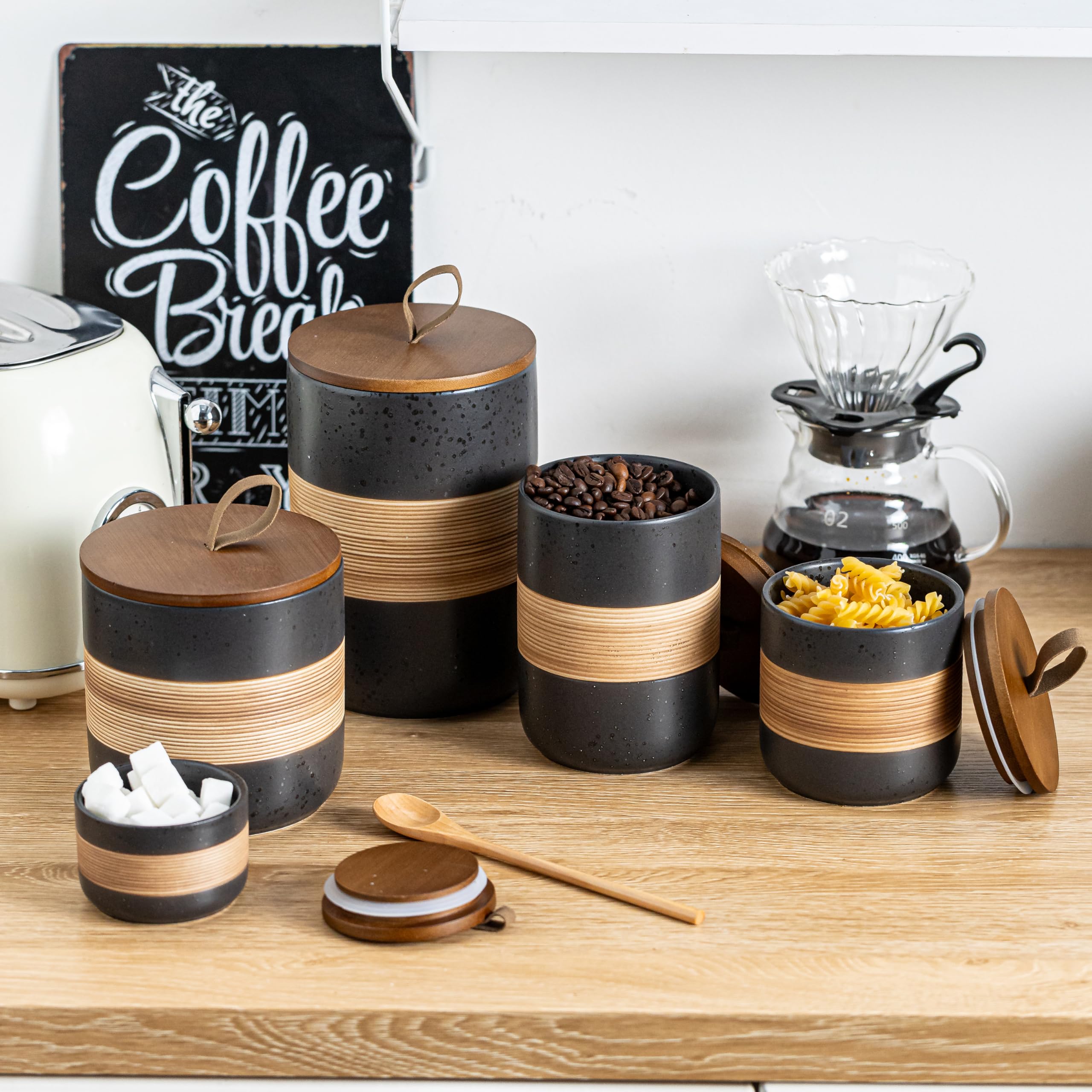 Miamolo Small Ceramic Jar with Lid, Coffee Container Kitchen Food Storage Jars for Spice Sugar Tea Bag Matcha Container Airtight, Stacairtightkable Decorative Jars for Countertop, Black & 5 fl.oz
