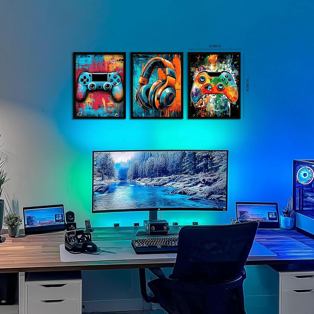 Skiennix Gaming Wall Art - Neon Watercolor Graffiti Gamepad Prints | 8x10 in, Set of 3 for Teen Boys
