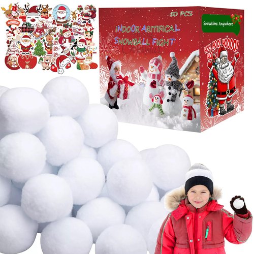 Fake Snowballs 50 Pcs,Snowballs for Kids Indoor,Snow Fight Balls,Soft Artificial Outdoor Snow Balls,Parent Child Throwing Game Christmas Decor Party Supplies,with 50pcs Christmas Stickers