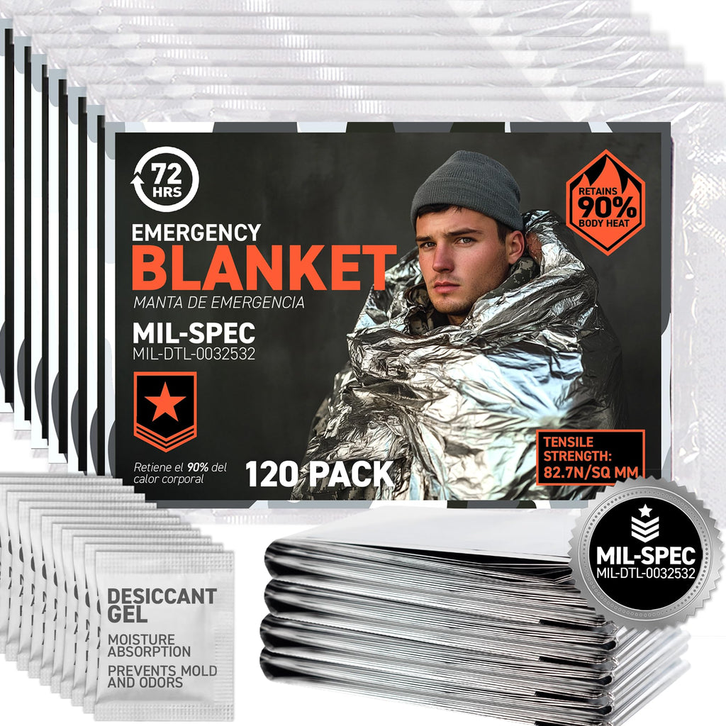 72 HRS Large Emergency Mylar Space Blankets 120-Pack, MIL-SPEC 54″ × 88″ Thermal Survival Foil – Retains 90% Body Heat, Waterproof Reflective Blanket for Camping, Hiking, Marathon, First Aid