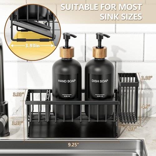 Cisily Dish Soap Dispenser Set - 2 Pack Black Glass Bottles with Adjustable Sponge Holder | 16.9oz