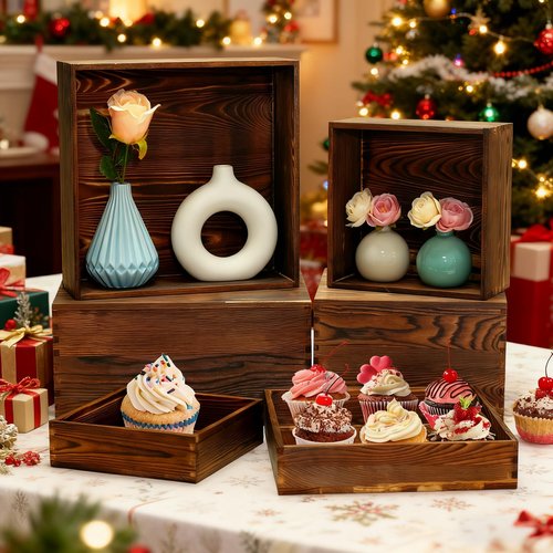 8 Pack Wooden Buffet Risers Rustic Wood Cupcake Stand Catering Supplies Buffet Display with Mini Signs Food Risers for Buffet Table Dessert Display Stand for Home Decor Party Wedding Birthday