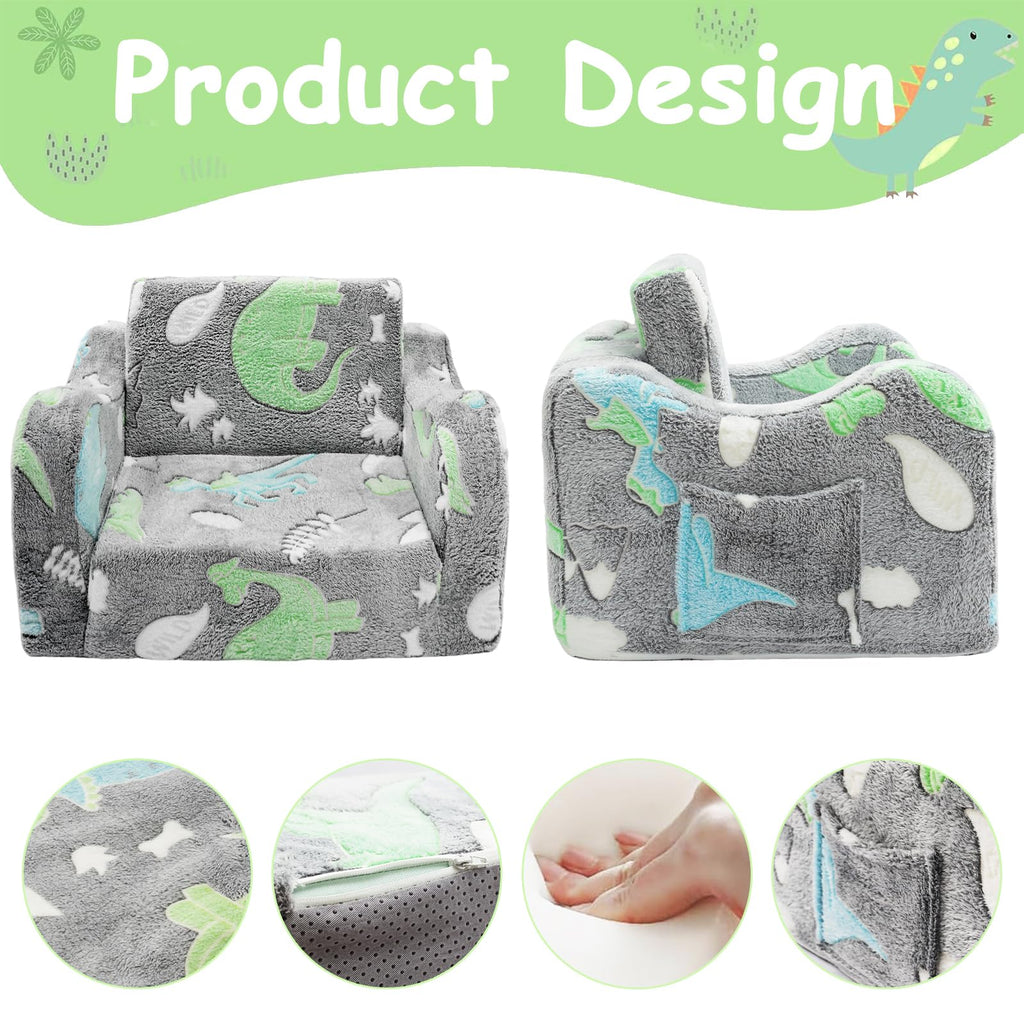 Poakkus 2-in-1 Soft Plush Toddler Couch & Chair – Fold Out Convertible Sofa to Lounger with Blanket, Glow-in-The-Dark Dinosaur Design for Boys & Girls, Playroom/Kids’ Bedroom