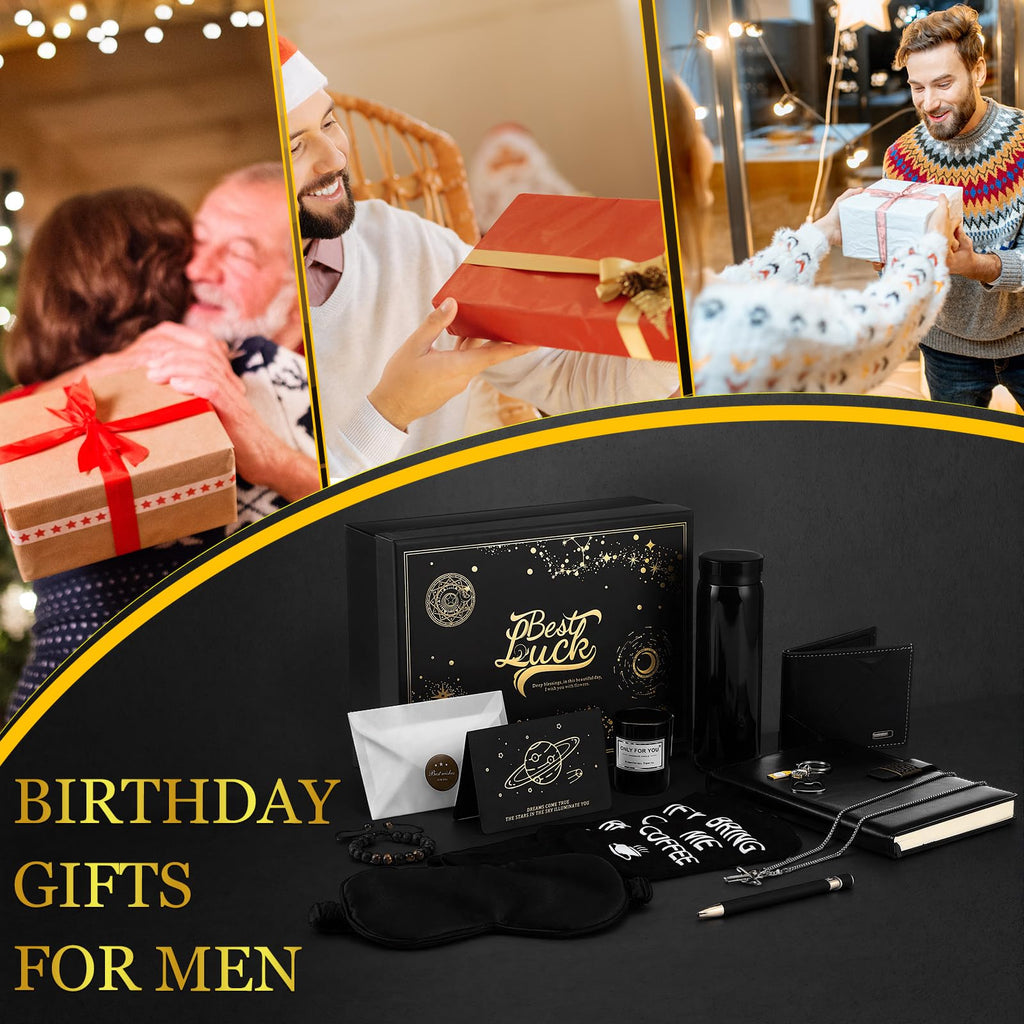 Afarnook 13 Pcs Birthdays Gifts Baskets for Men Get Well Gifts Set for Men Father's Day Gift Box Tumbler Wallet Robe Scented Candle Notebook Sock Bracelet for Father Dad Boyfriend Husband(Black)