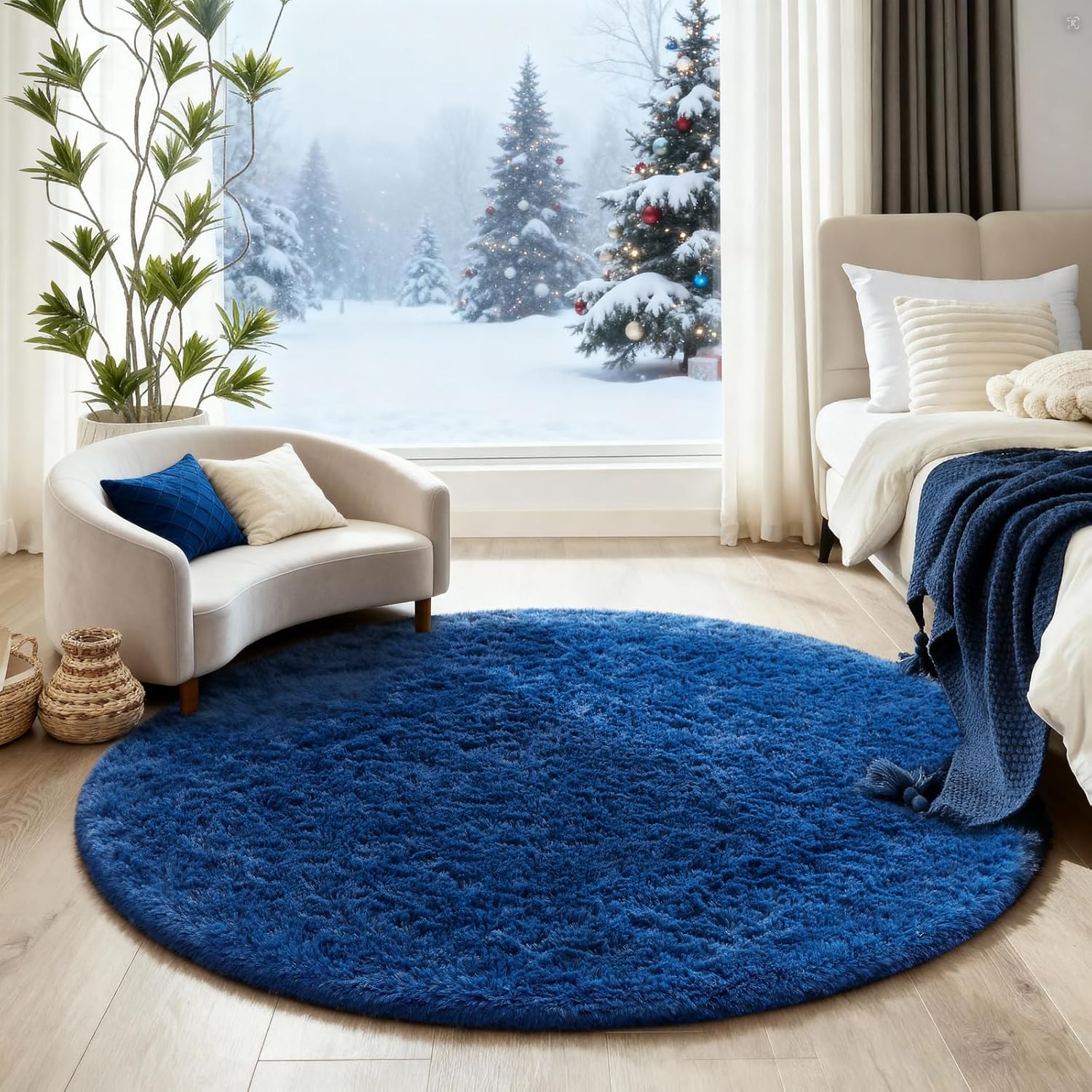 Ophanie Blue Round Rug - 4Ft Plush Circle Area Rug for Boys Room | Soft Shaggy Carpet Decor