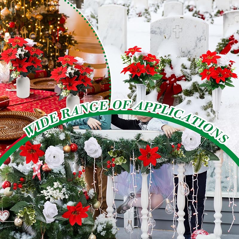 4 Set Christmas Flowers for Cemetery - Artificial Poinsettia with Grave Vase (Variation: 4+Poinsettia)