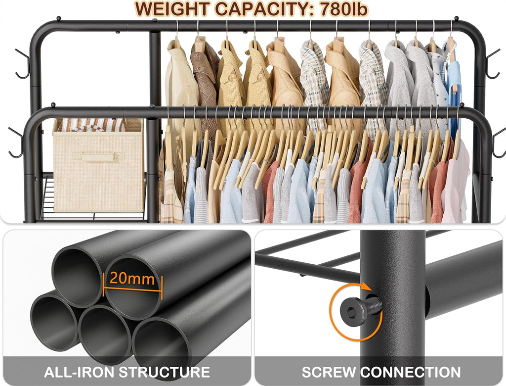 Skiennix Double Rods Clothes Rack - Multifunctional Heavy-Duty Organizer with 4-Tier Shelves | Black