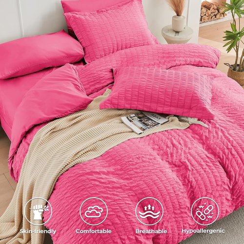 HYMOKEGE California King Comforter Set - Hot Pink Seersucker 7-Piece Luxury Bedding Set