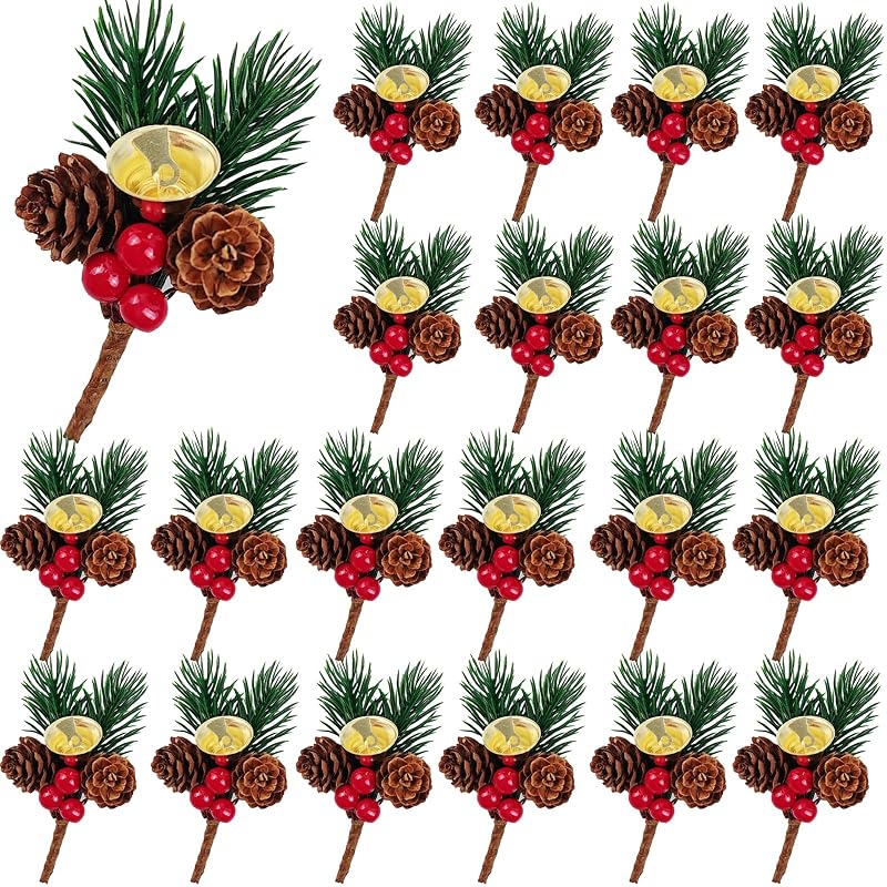 Christmas Floral Picks with Jingle Bells, 25 Pcs Pine Cone & Red Berry Sprigs for Wreaths & Decor