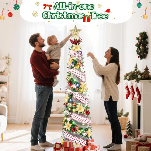 6Ft Prelit Pop Up Pencil Christmas Tree Decorations, Collapsible Artificial Christmas Tree with Lights, Foldable Pre Decorated with Ribbon Ornaments, Indoor Home Holiday Party Christmas Decorations
