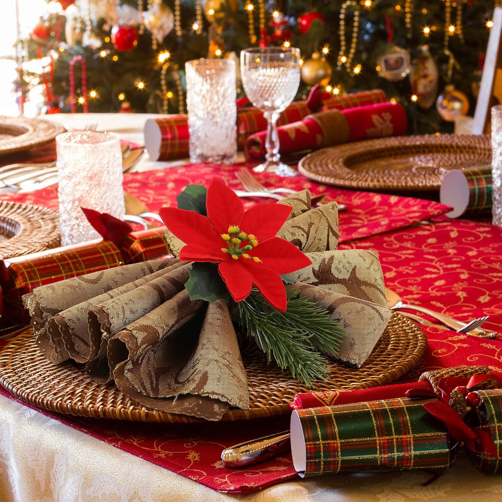 Skiennix Christmas Napkin Rings - 6-Piece Rustic Pine Cone & Poinsettia Set for Holiday Decor