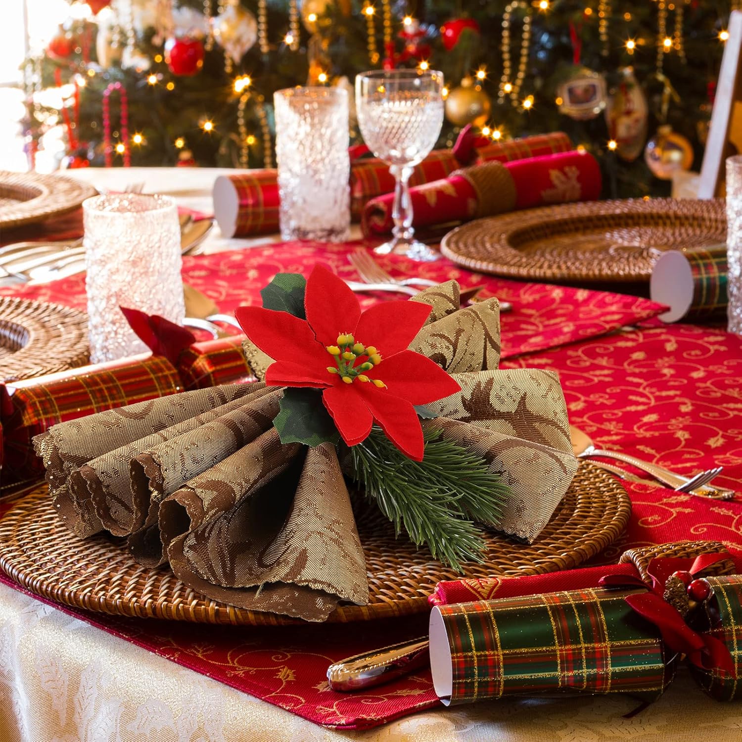 Skiennix Christmas Napkin Rings - 6-Piece Rustic Pine Cone & Poinsettia Set for Holiday Decor