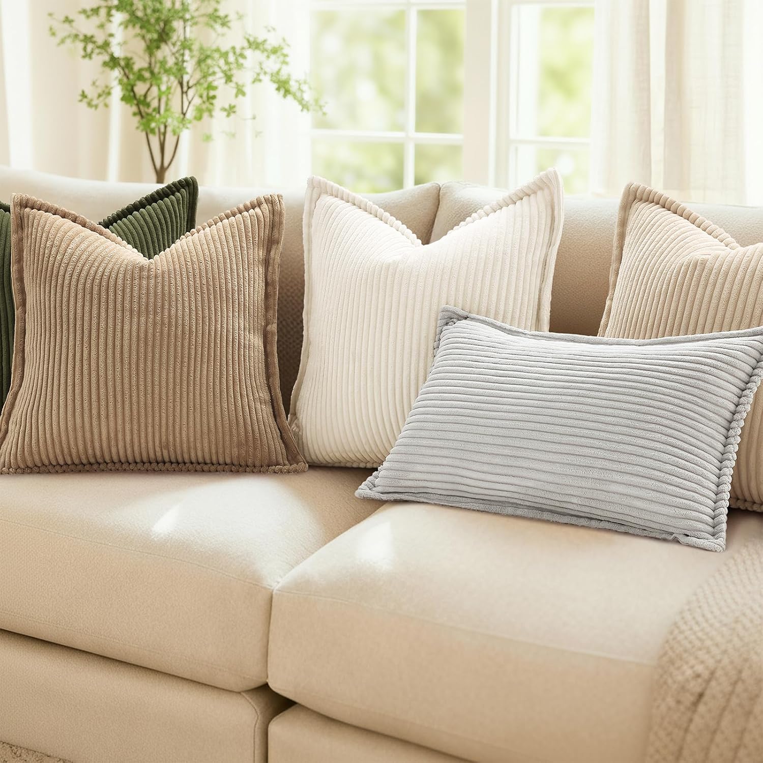 Mecatny Corduroy Throw Pillow Covers - Soft Boho Decorative Set of 2 | 18x18 Cream White