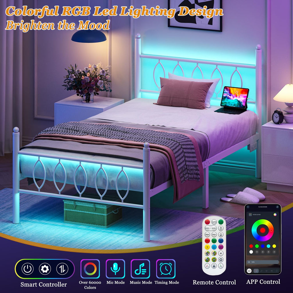 Samurbex Full Size Bed Frame with Headboard,Black Metal Platform Bed Frame Full Size with Charging Station & LED Lights,12-Inch Under Bed Storage,No Box Spring Needed,Noise Free,Easy to Assemble