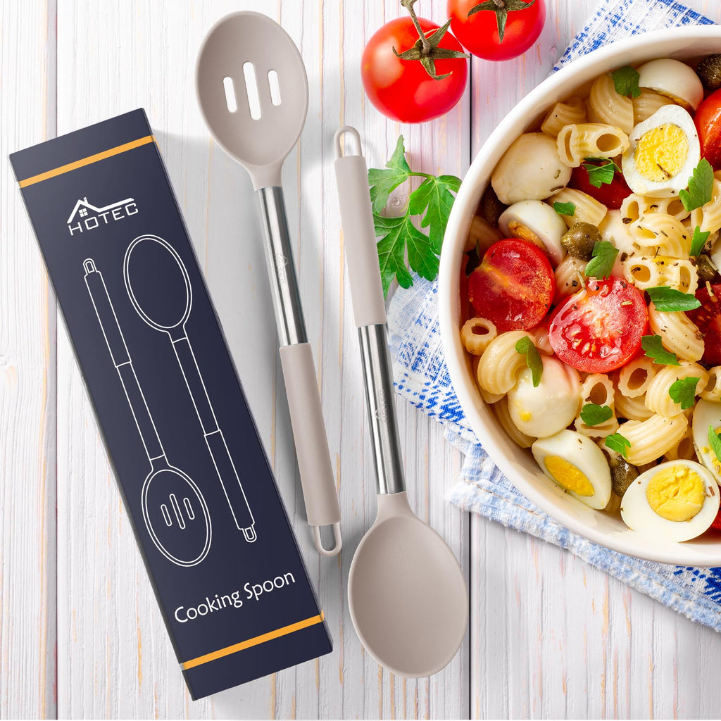 HOTEC Heat Resistant Large Silicone Cooking Spoon, Solid Slotted Spoons, Nonstick Kitchen Cookware Utensils, Mixing, Serving, Stiring Large Spoons, Khaki