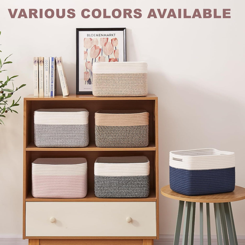 OIAHOMY Storage Baskets - Woven Cotton Rope Organizers with Handles | 13" L x 9" W x 7.8" H, Brown & White