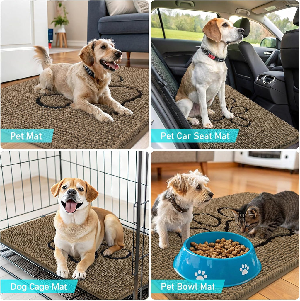 OLANLY Dog Door Mat - Absorbent Non-Slip Chenille Mat for Muddy Paws | 59x35 Tan Paw Print Design