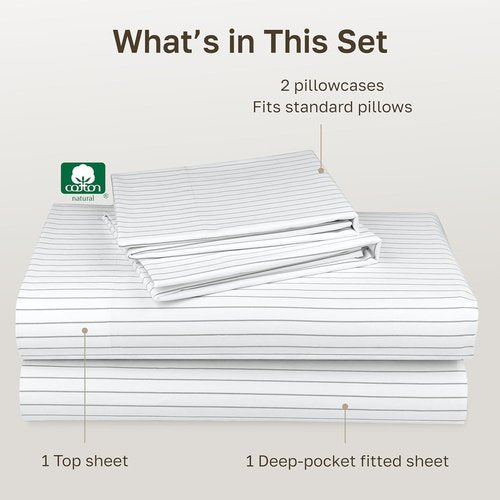 California Design Den Queen Size Bed Sheets Set - 100% Cotton, 400 TC, Smooth Sateen Finish, Deep Pockets, Pinstripe