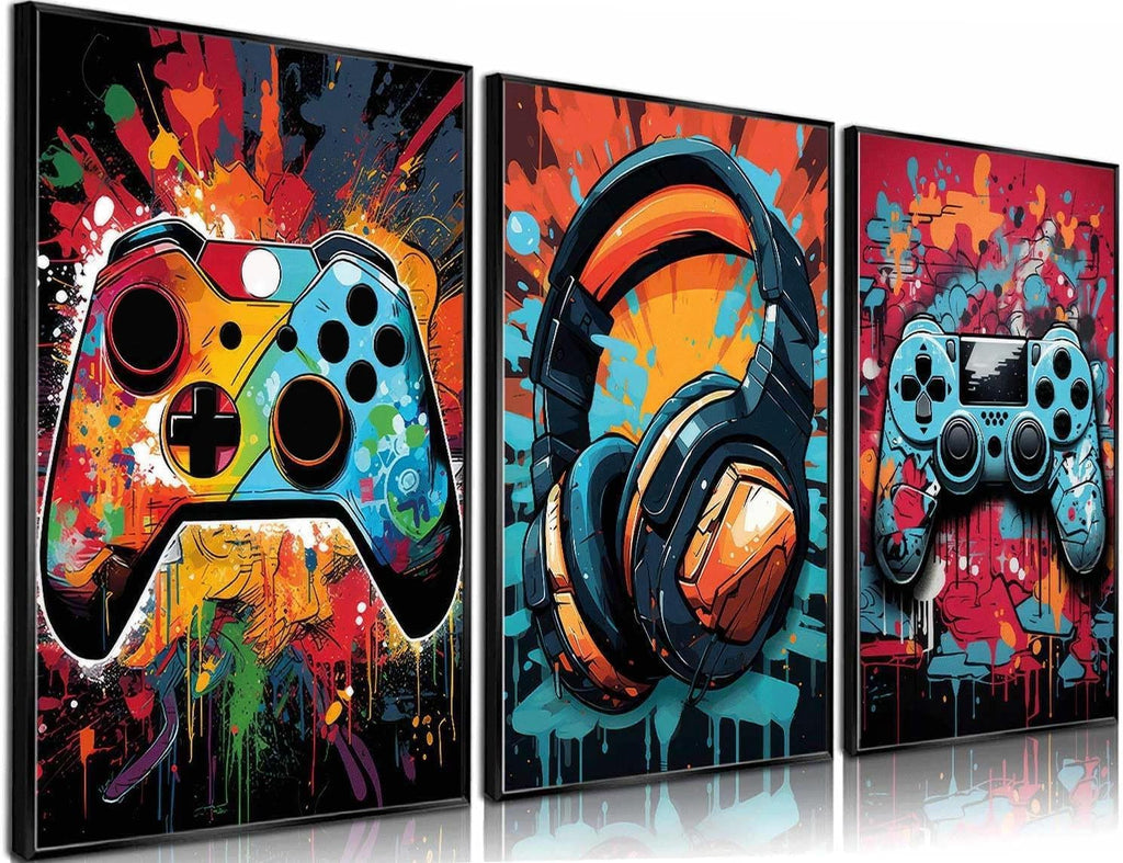 PPV Retro Video Game Wall Art - 3Pcs Colorful Neon Gamepad Canvas Prints for Boys' Room | 16x24in Unframed